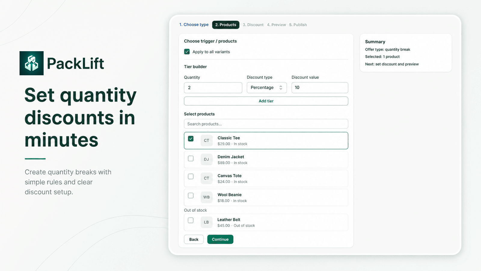 PackLift quantity break setup with tier builder and product picker