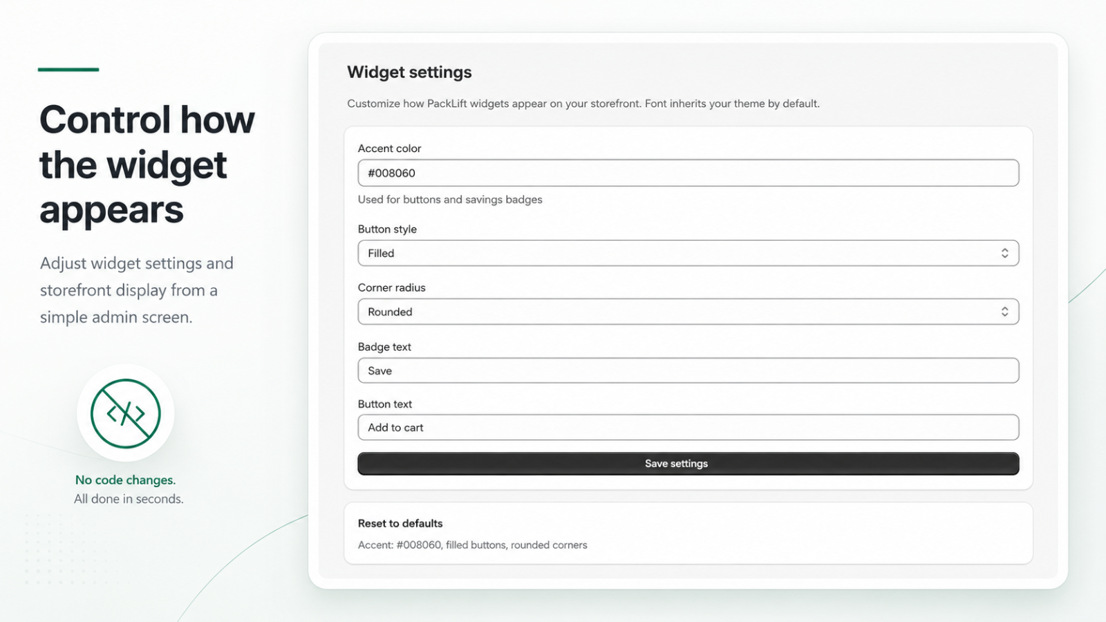 PackLift widget settings and appearance controls